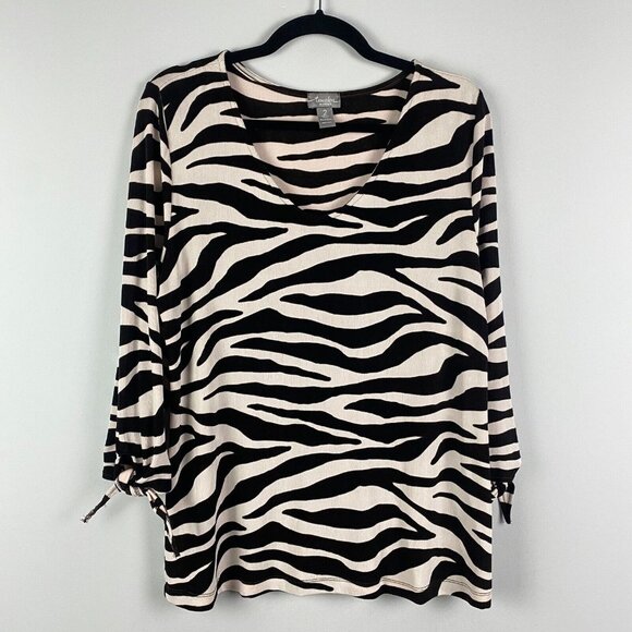 Chicos Travelers Zebra Print Top Size 2 US L Slinky Knit 3/4 Tie Sleeves - Picture 1 of 9